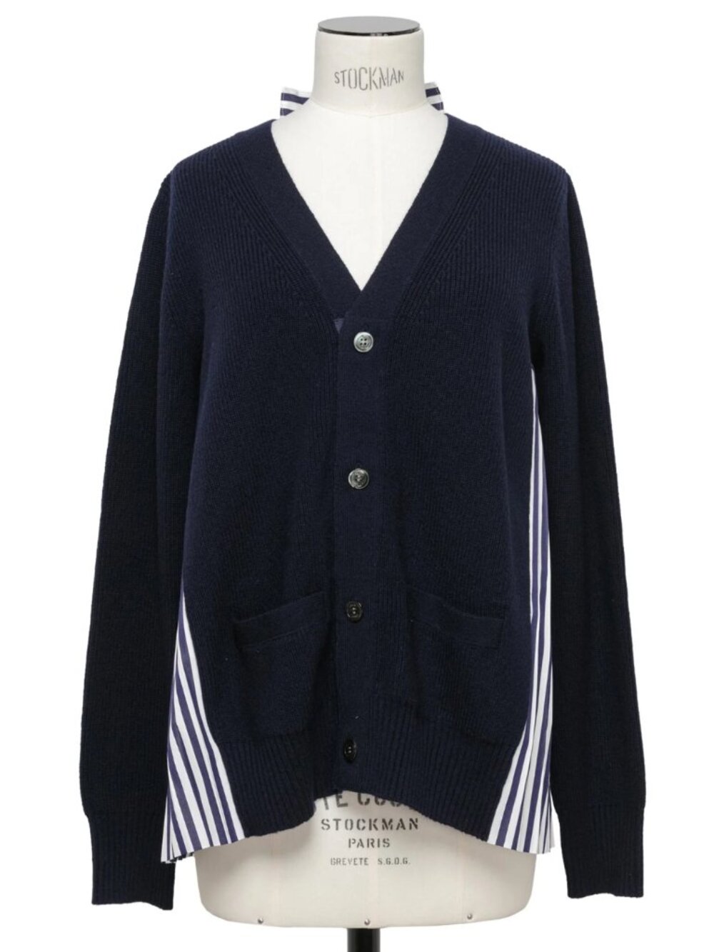 Sacai Wool Knit x Cotton Poplin Cardigan in Navy/Navy Stripe, size "4" (fits M/L